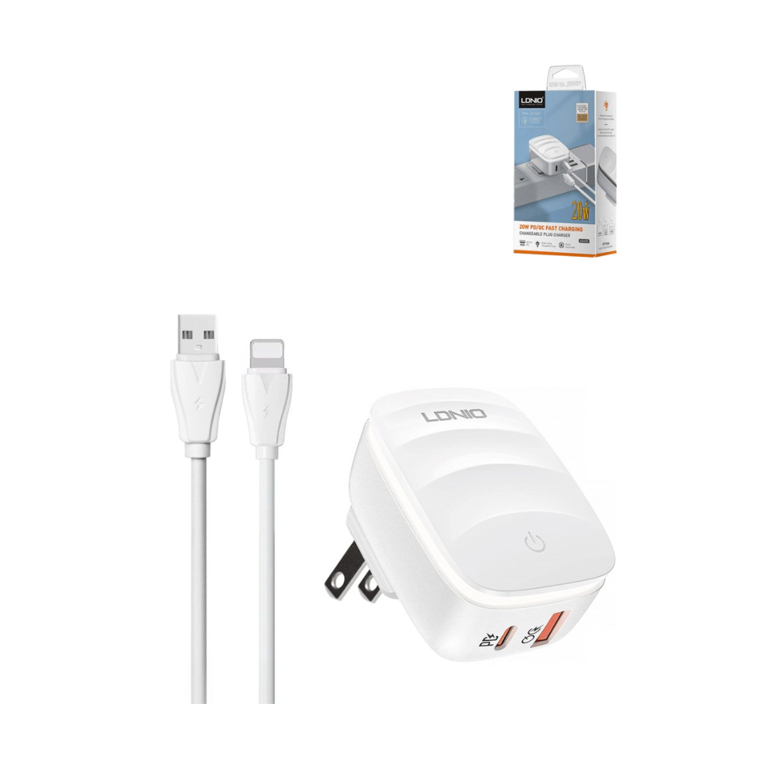 LDNIO A2425C QC3.0+PD Lamp USB A+C Wall Charger with USB A-L Non-MFI Cable (20W) (3ft)