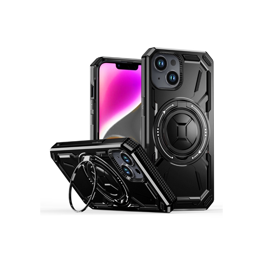 Full-Body Rugged Shockproof Case w/Built-in Ring Holder - BLACK for iPhone 14 Plus / 15 Plus