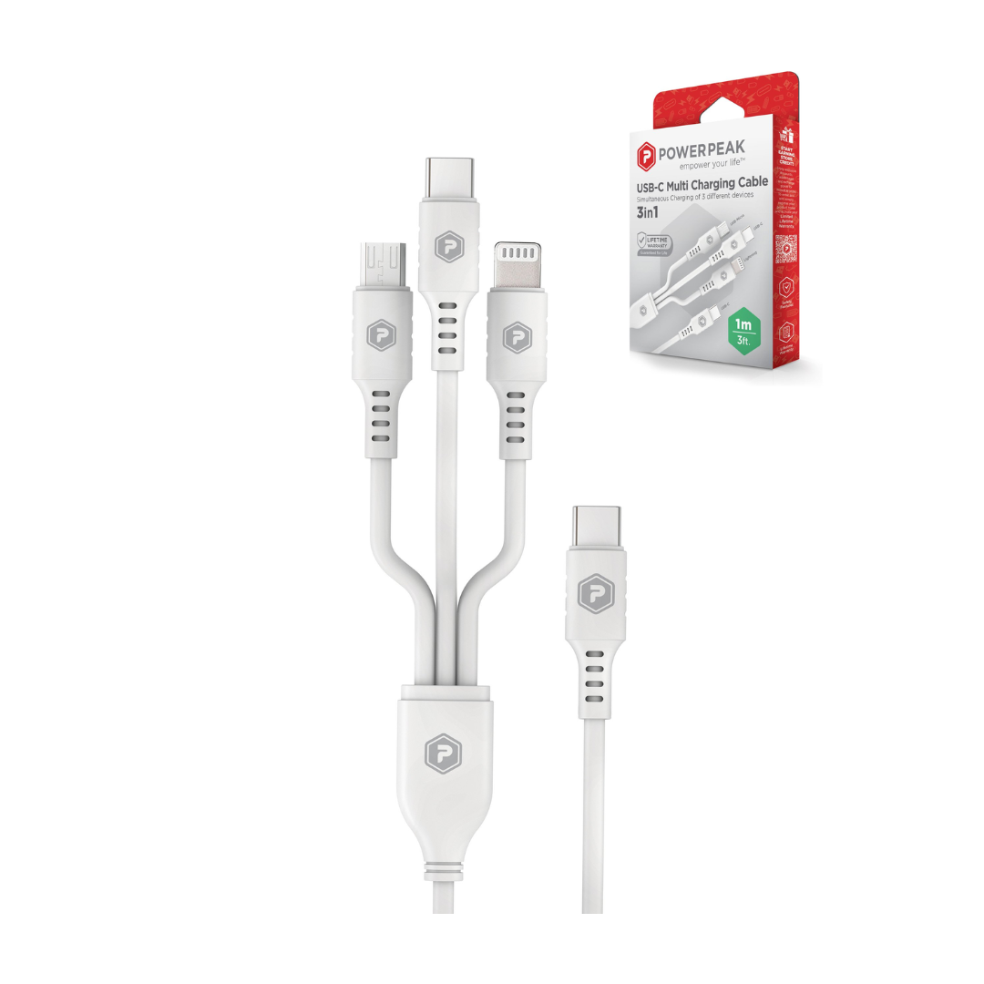 PowerPeak ECONOMY 3in1 Type-C to C+A+M Cable (WHITE) (3ft) (18W)