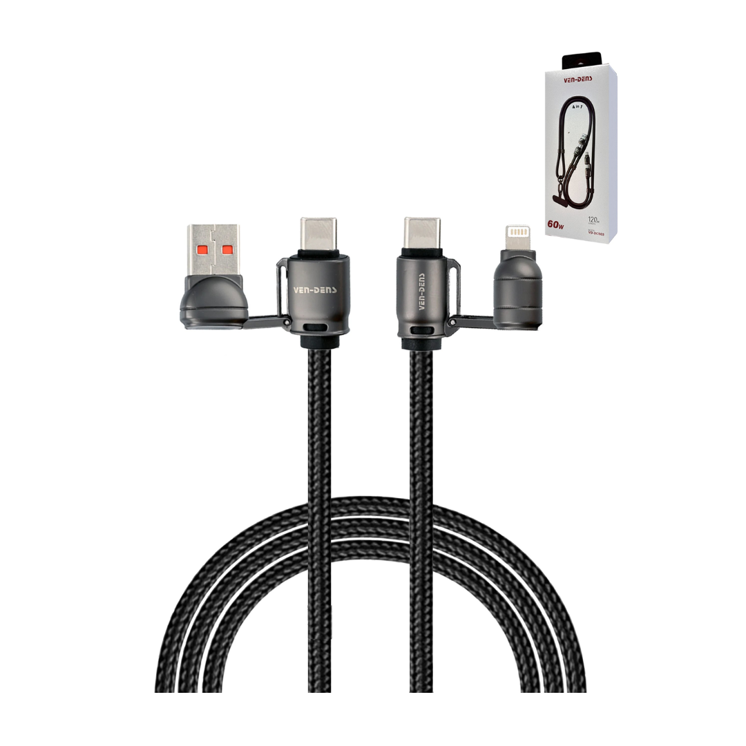 Ven-Dens USB A+C to C+L Fast Charging Data Cable with Lanyard (BLACK) (60W)