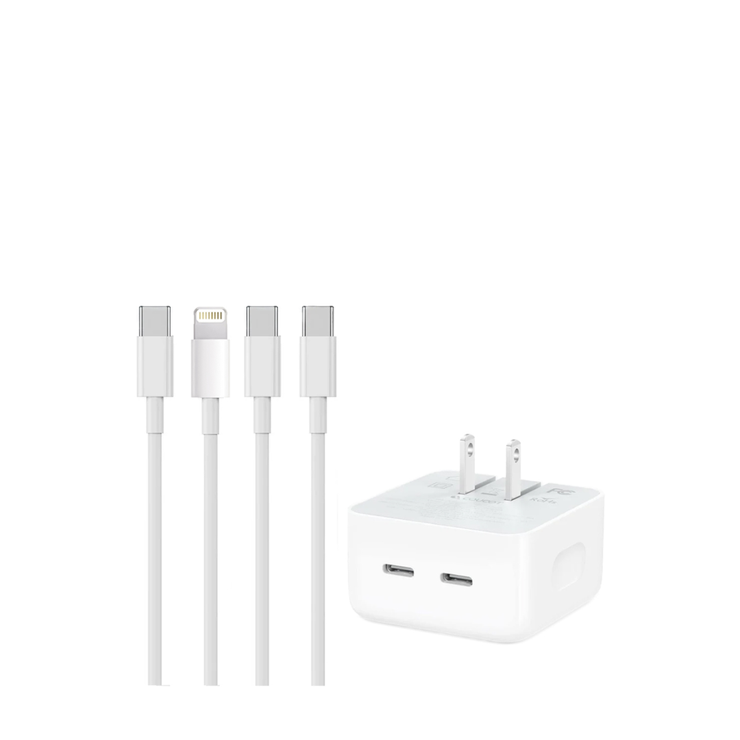 Adaptador de corriente con dos puertos USB-C, con cable USB CL no MFI y USB CC (35 W), 1,8 m (6 pies) (BLANCO)