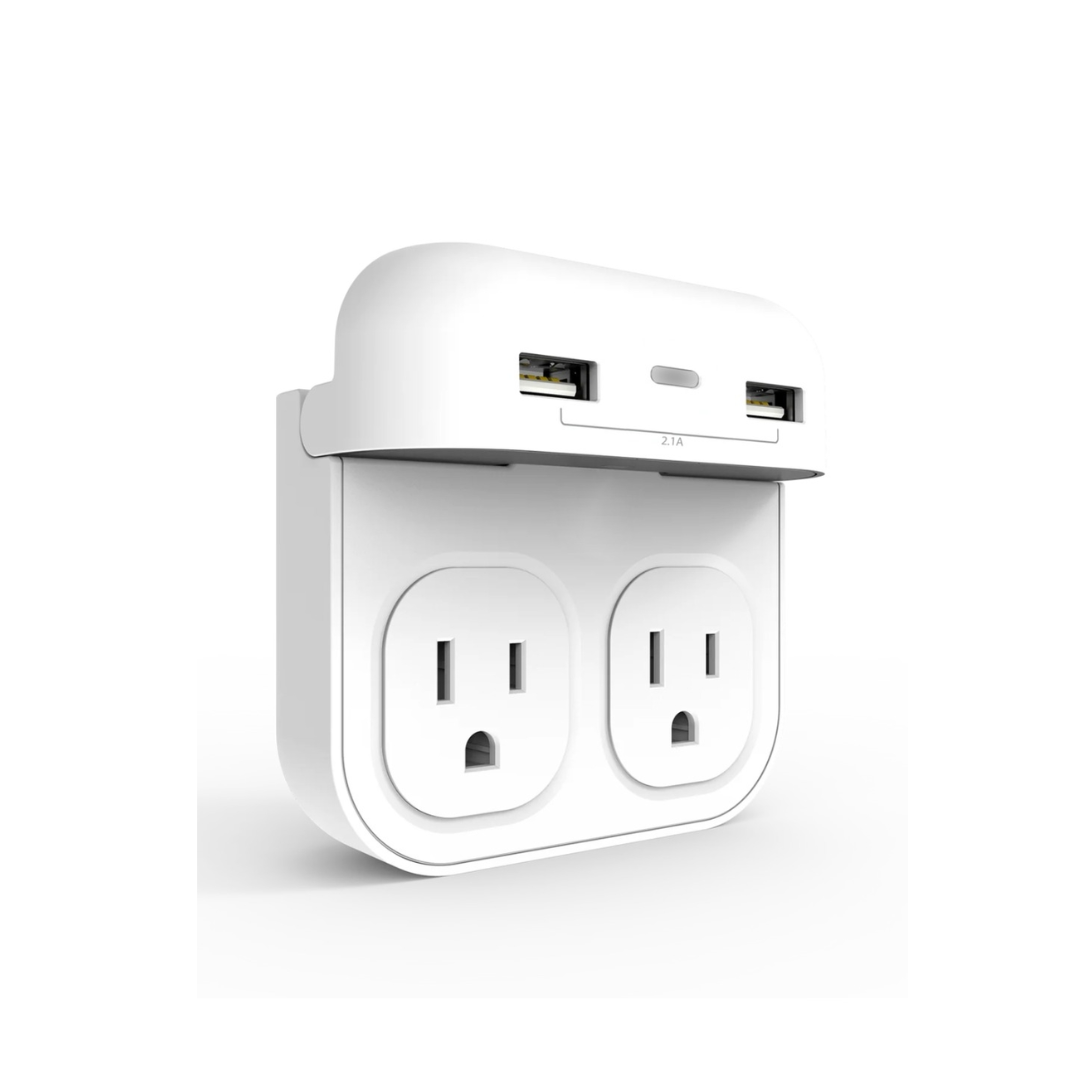 Extensor de tomacorriente con 2 tomas de pared y 2 USB-A y soporte para teléfono