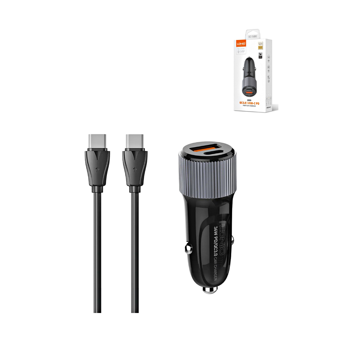 Cargador de coche LDNIO C510Q PD QC3.0 con doble USB A+C y cable USB CC (90 cm) (36 W)