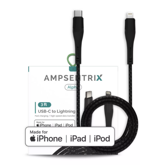 Cable MFI Lightning a USB tipo C de 3 pies (AmpSentrix) (Alpha) (negro)