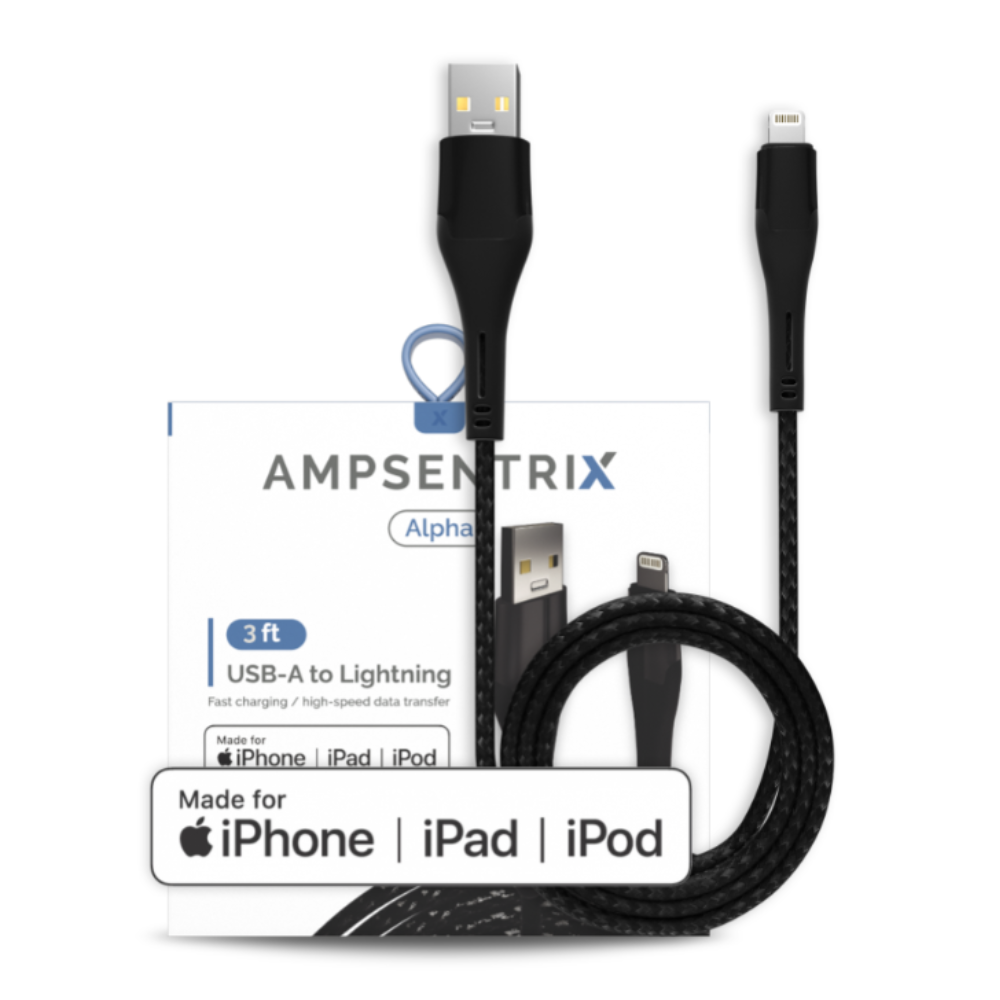 3 ft MFI Lightning To USB Type A Cable (AmpSentrix) (Alpha) (Black)