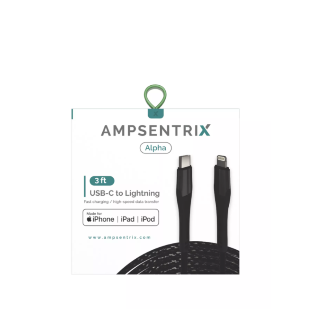 3 ft MFI Lightning To USB Type C Cable (AmpSentrix) (Alpha) (Black)