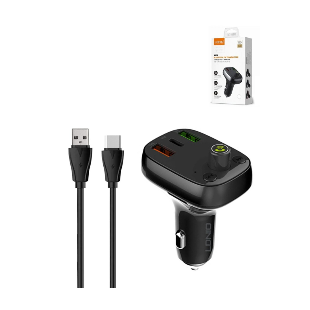 LDNIO C704Q Bluetooth 5.0 FM with 2X USB A+C Car Charger with USB A-C Cable (30W) (3ft)