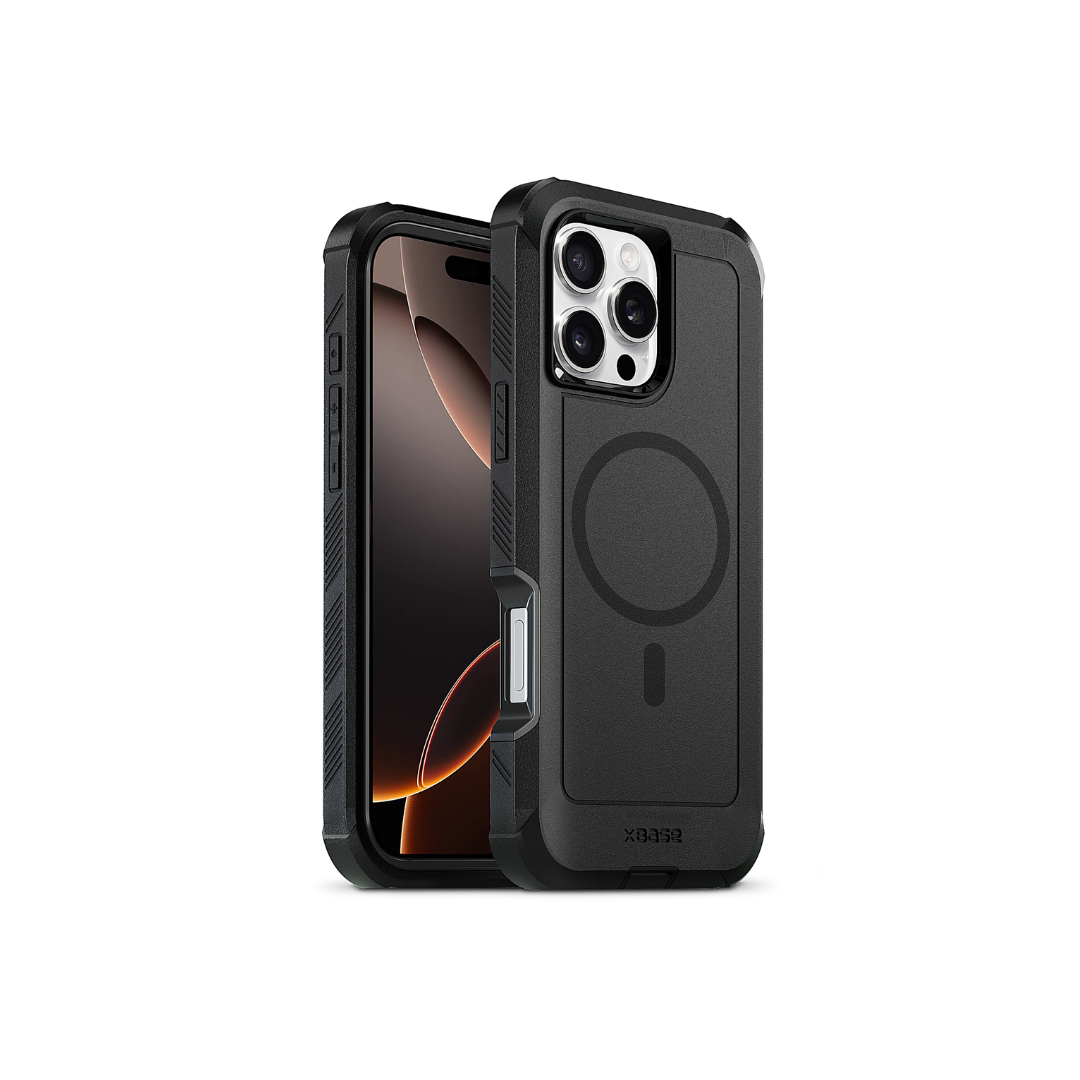 xBase by PowerPeak - Funda protectora robusta comoldeada Boulder MagSafe de alta resistencia con clip para cinturón - NEGRA para iPhone 16 Pro Max