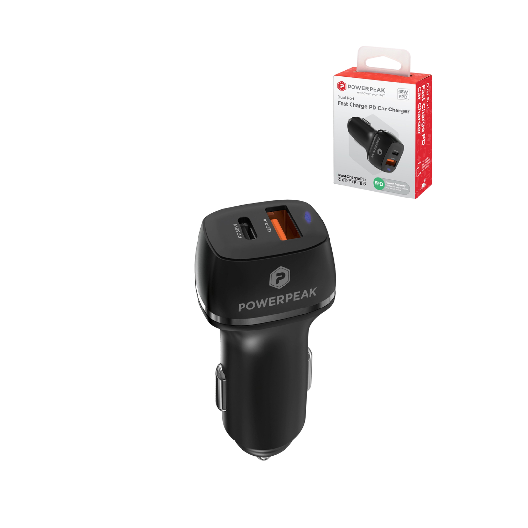 PowerPeak Dual Port Power Delivery Car Charger (48W) - BLACK