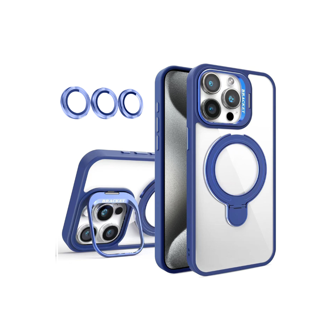 Magnetic Clear Case w/ 2 Kickstand & Camera Lens - DARK BLUE for iPhone 15 Pro Max