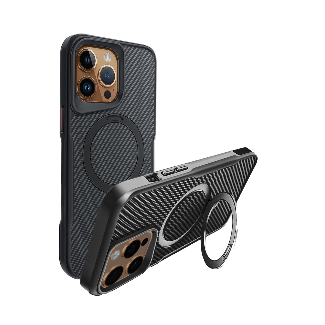 Funda de fibra de carbono con soporte magnético - NEGRA para iPhone 15 Pro Max