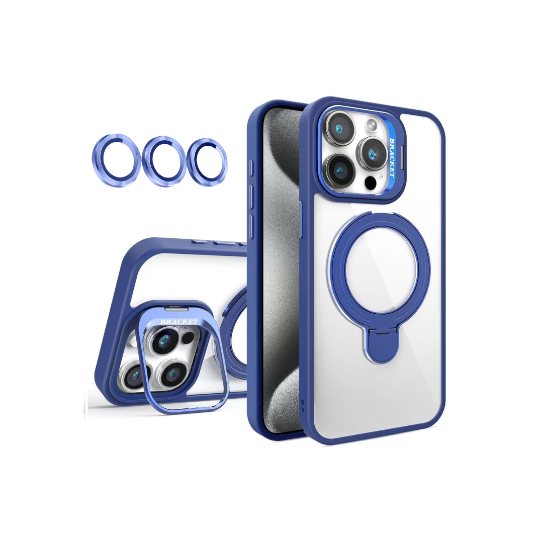 Magnetic Clear Case with 2 Kickstand & Camera Lens - DARK BLUE for iPhone 15 Pro