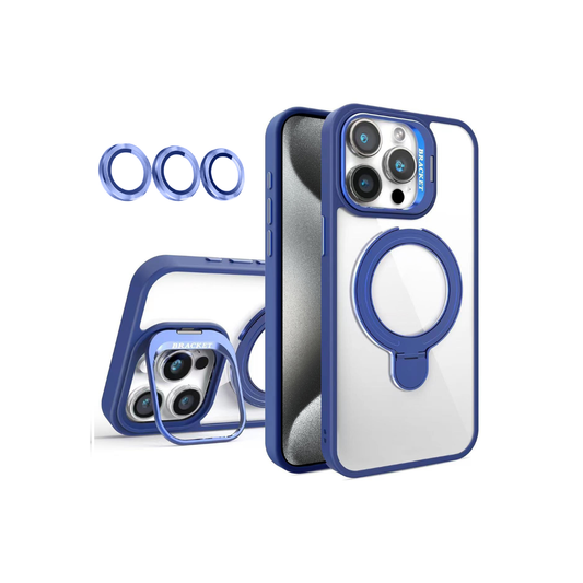 Magnetic Clear Case with 2 Kickstand & Camera Lens - DARK BLUE for iPhone 15 Pro