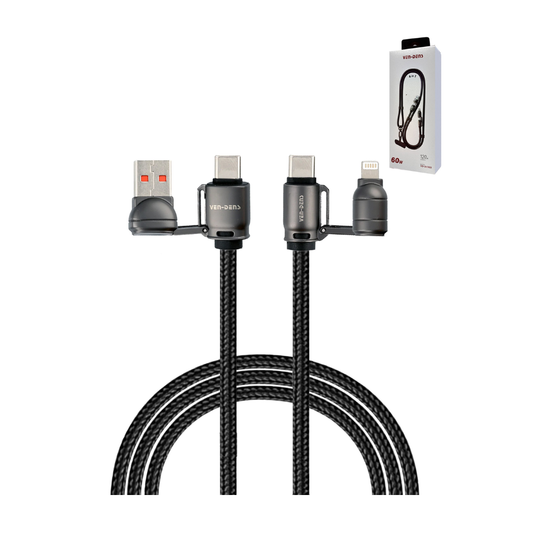Ven-Dens USB A+C to C+L Fast Charging Data Cable with Lanyard (BLACK) (60W)