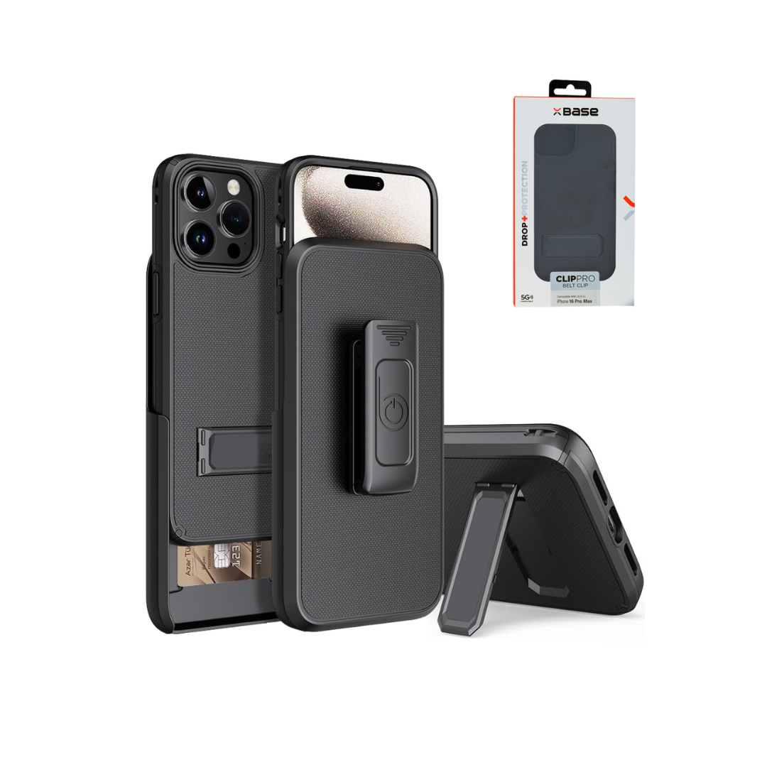 xBase by PowerPeak - Funda protectora robusta comoldeada Boulder MagSafe de alta resistencia con clip para cinturón - NEGRA para iPhone 16