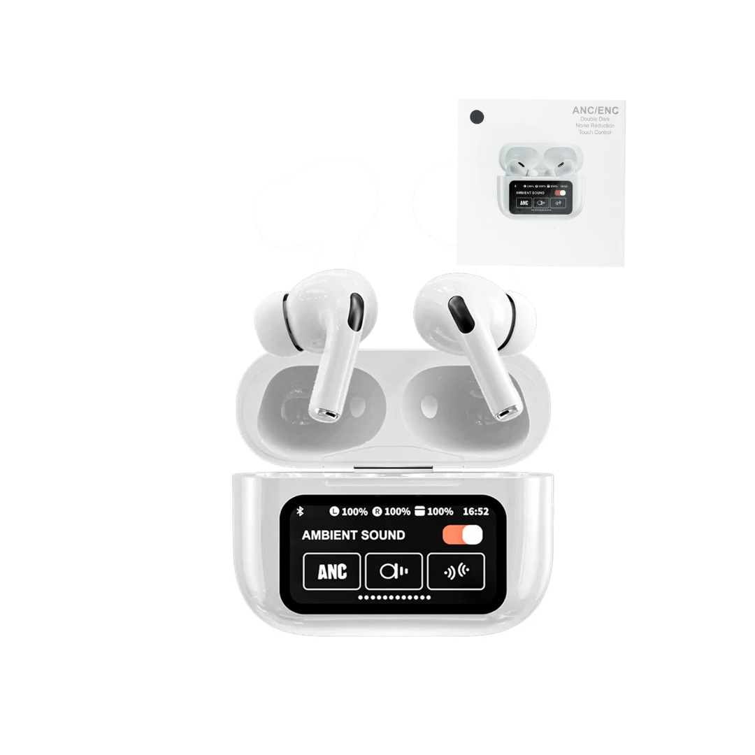 Auriculares inalámbricos con cancelación de ruido Bluetooth A15 Pro (blanco) con pantalla táctil y estuche de carga inteligente