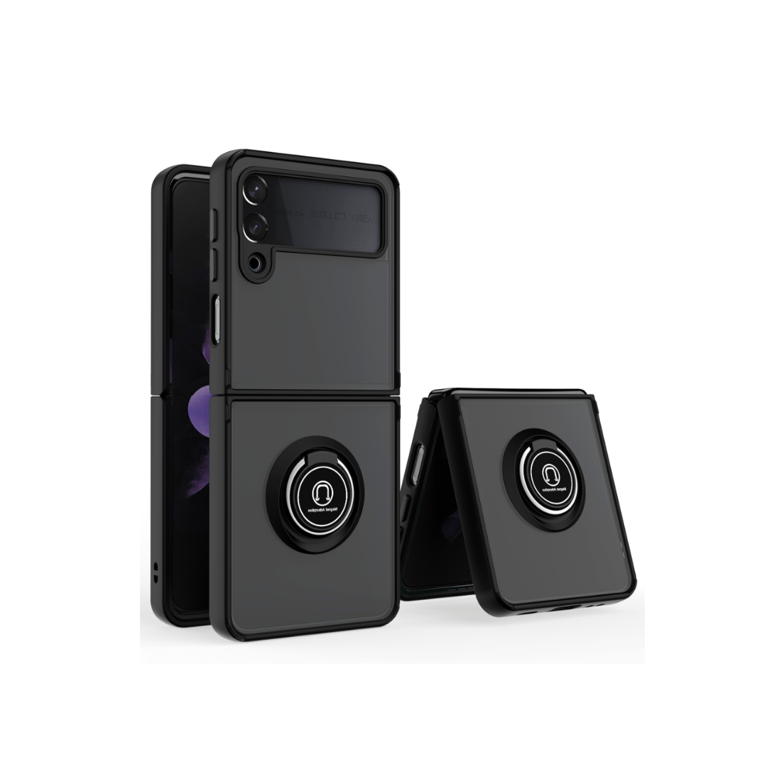 Funda de PC rígido trasero y TPU suave con borde de colores y soporte de aro para Galaxy Z Flip 4 - NEGRO