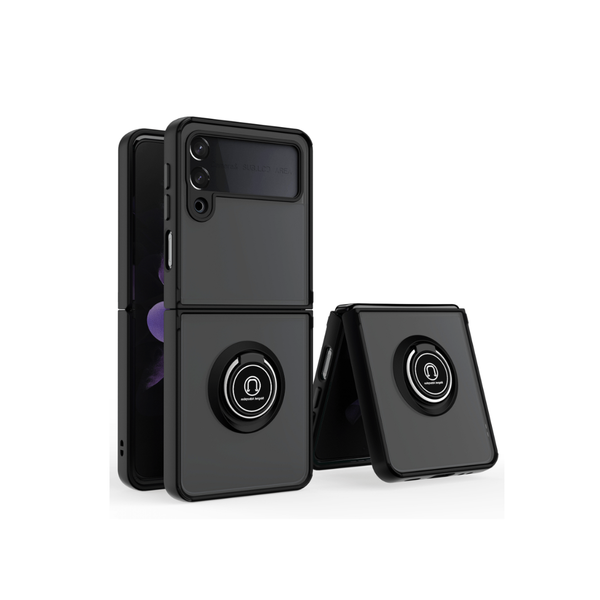 Funda de PC rígido trasero y TPU suave con borde de colores y soporte de aro para Galaxy Z Flip 4 - NEGRO