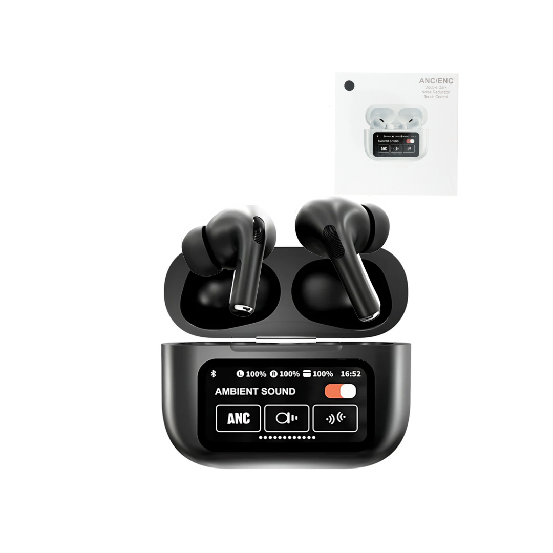 Bluetooth Wireless Noise Cancelling A9 Pro (Black) Metallic Paint Earbuds with Touch Screen and Smart Charging Case