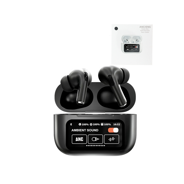 Bluetooth Wireless Noise Cancelling A9 Pro (Black) Metallic Paint Earbuds with Touch Screen and Smart Charging Case