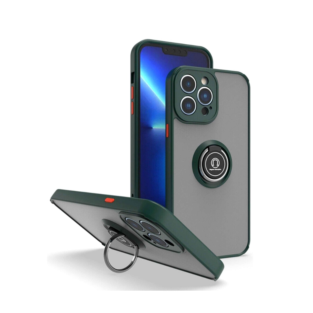 Hard PC Rear / Soft TPU Colorful Border Case with I-ring Holder - DARK GREEN for iPhone 14 Pro Max