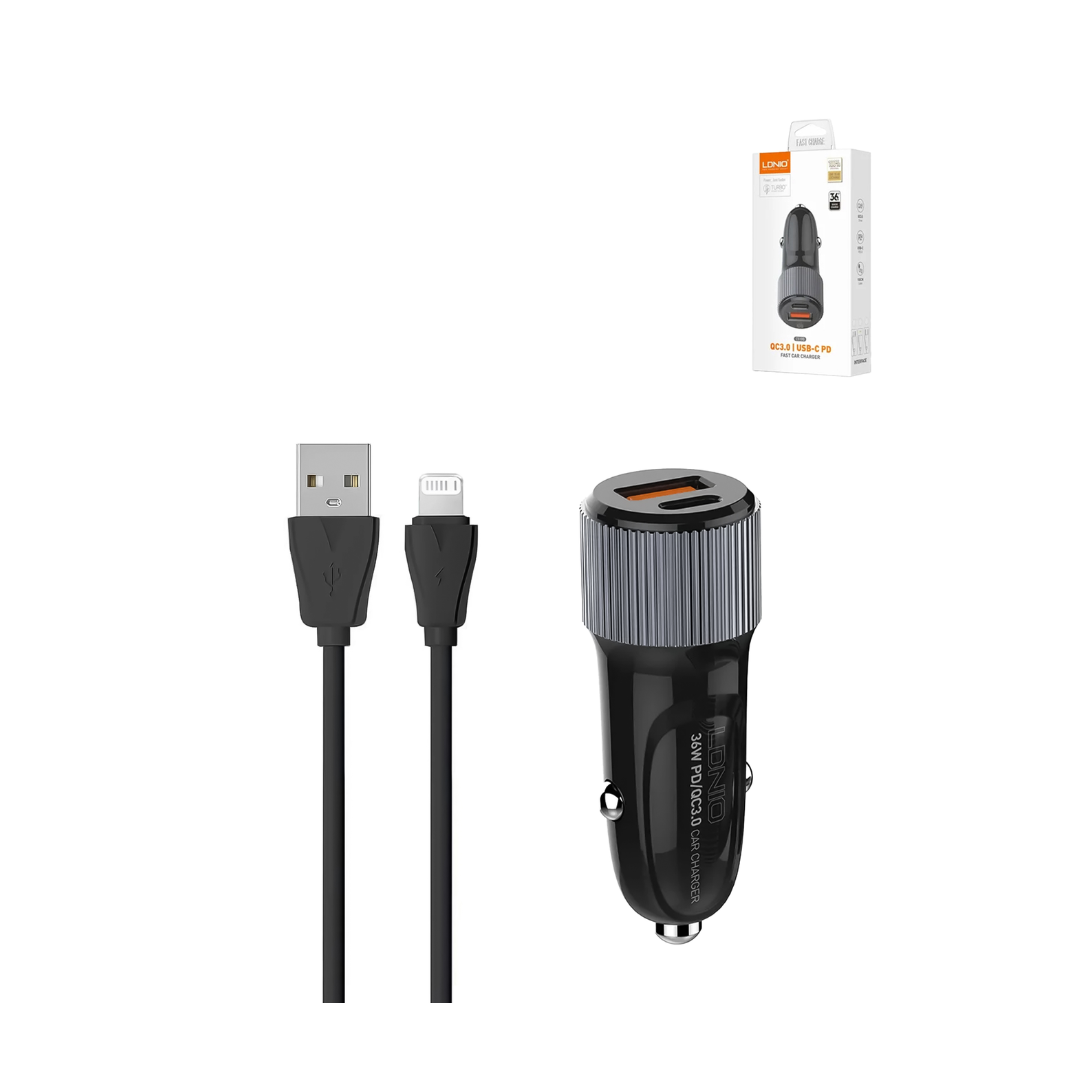 Cargador de coche LDNIO C510Q PD QC3.0 Dual USB A+C con cable USB A-L no MFI (3ft) (36W)