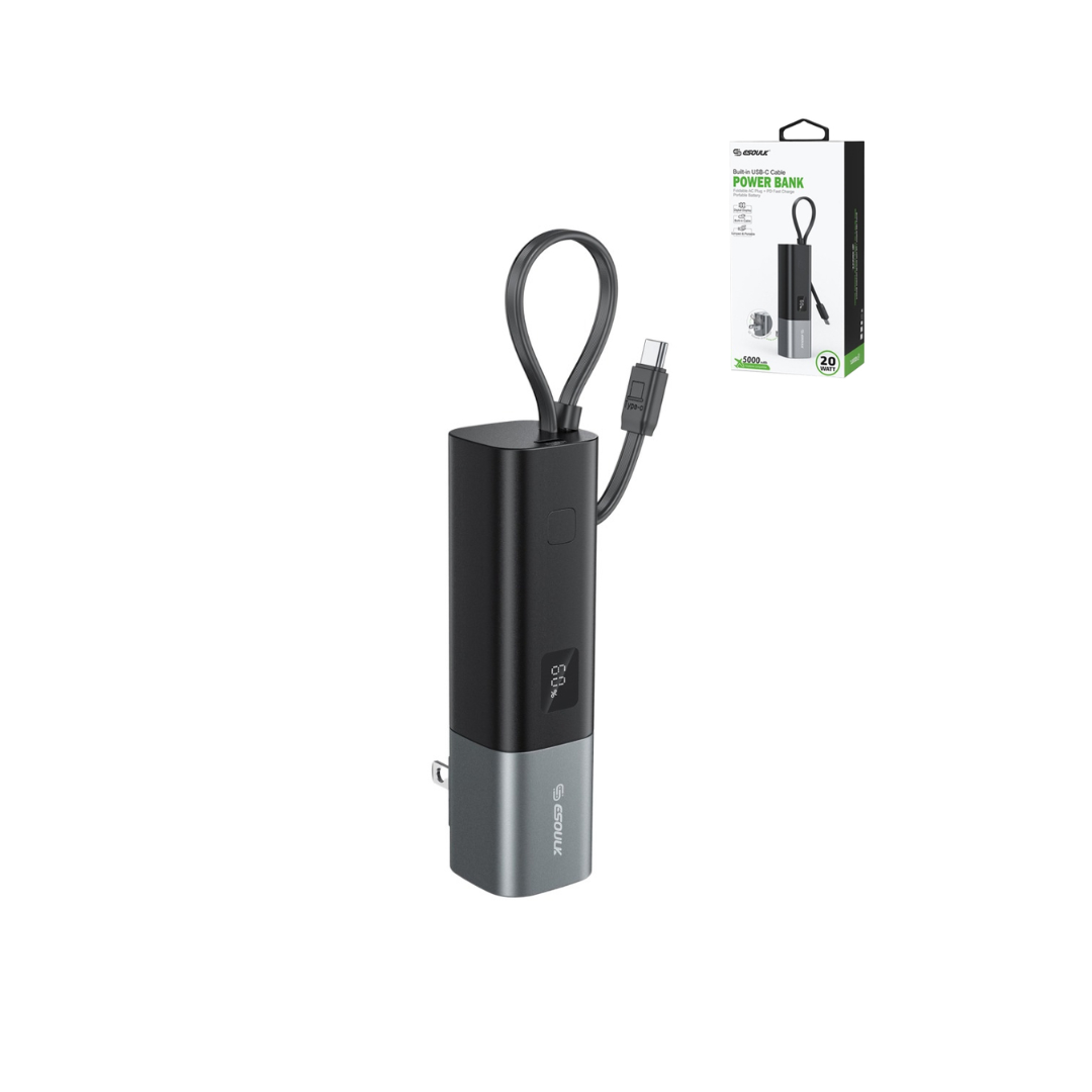 Esoulk Built-in USB-C Foldable AC Wall Plug Power Bank (BLACK) (5000 mAh / 20W)