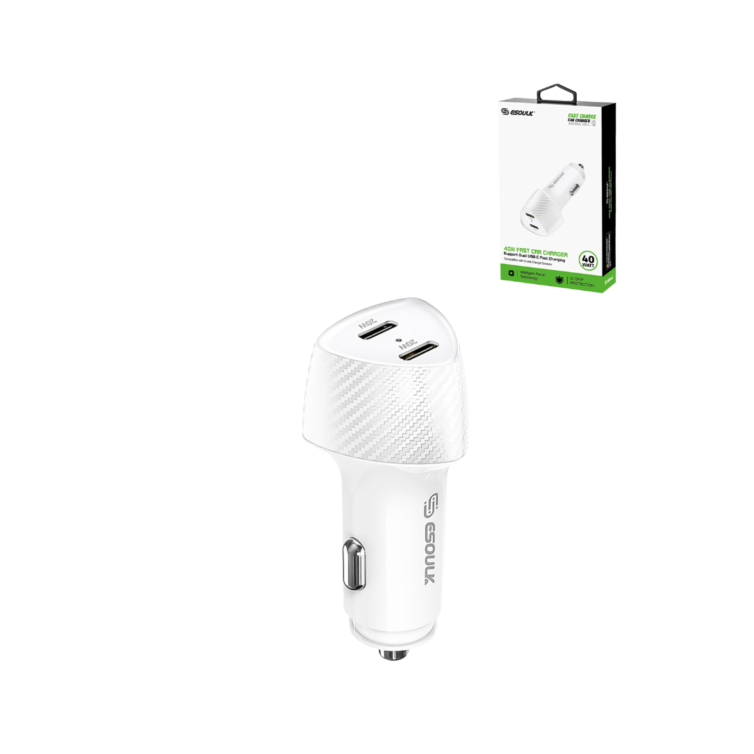 Esoulk Dual USB C+C Car Charger (WHITE) (40W)