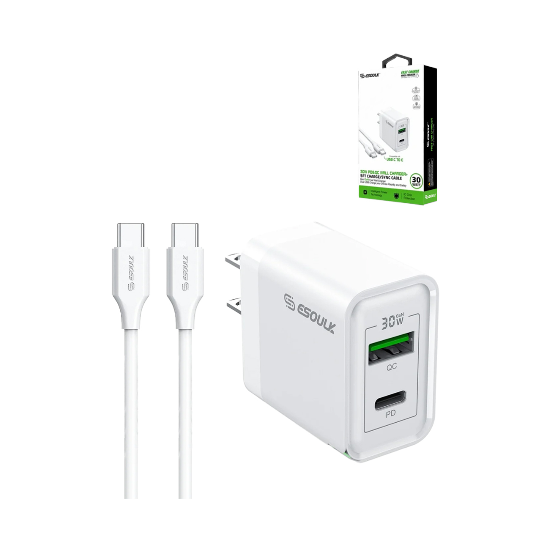 Esoulk PD&QC Wall Charger with C-C USB Cable (WHITE) (5ft) (30W)