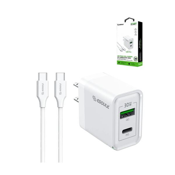 Esoulk PD&QC Wall Charger with C-C USB Cable (WHITE) (5ft) (30W)