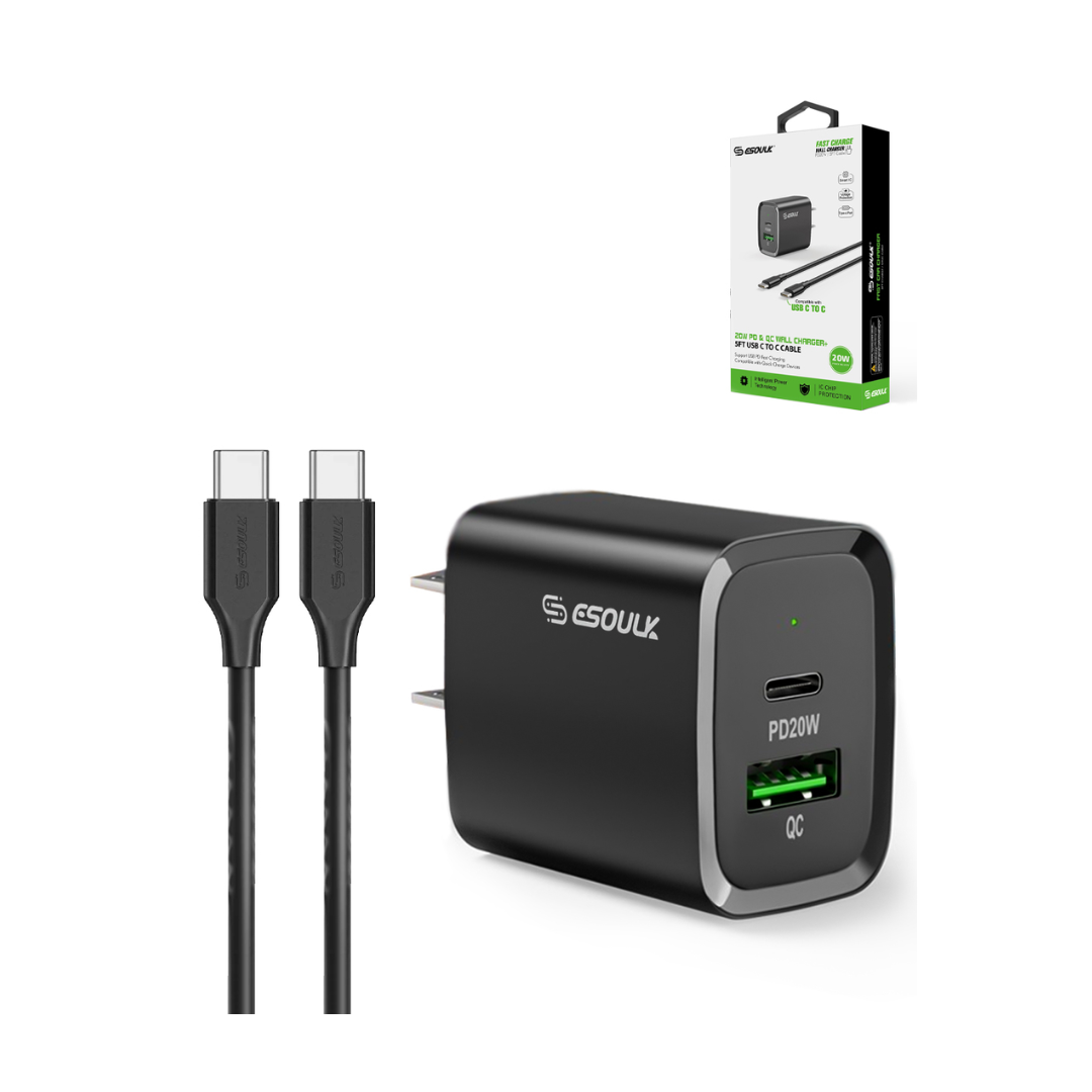 Esoulk USB C+A PD/QC Wall Adapter w/ USB C-C Cable (20W) (5ft) (BLACK)
