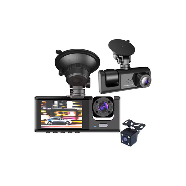 Wide Angle Full HD Dash Cam with (1800 mAh) Battery (1280*720P / 30FPS) (Front / In-Cabin / Tail Camera)