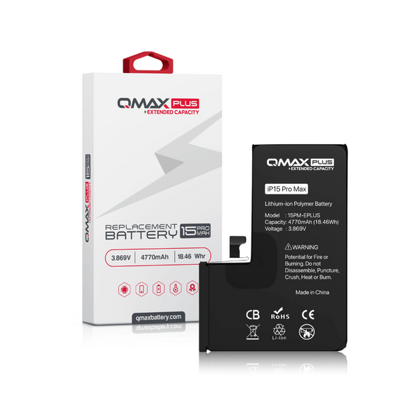 Batería de repuesto QMAX Plus de capacidad extendida para iPhone 15 Pro Max (4770 mAh)