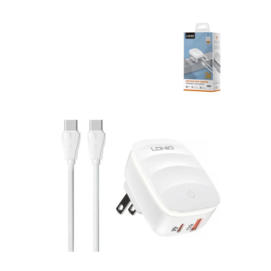 Cargador de pared USB C+C LDNIO A2425C QC3.0+PD con lámpara y cable USB CC (20 W) (90 cm)