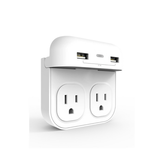 Extensor de tomacorriente con 2 tomas de pared y 2 USB-A y soporte para teléfono