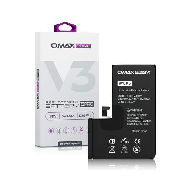 Batería de repuesto QMAX Prime V3 para iPhone 15 Pro (sin ventana emergente) (3274 mAh)