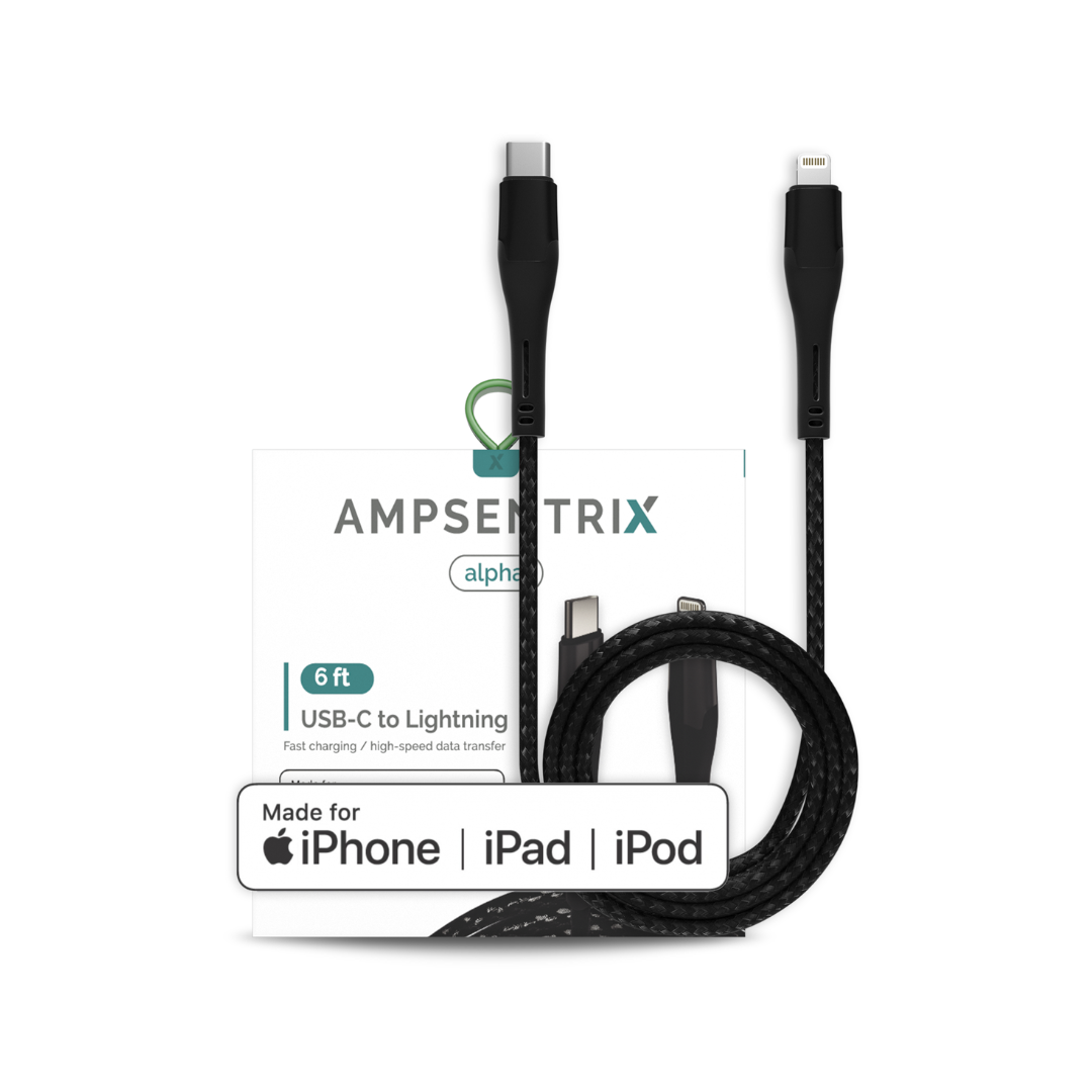 6 ft MFI Lightning To USB Type C Cable (AmpSentrix) (Alpha) (Black)