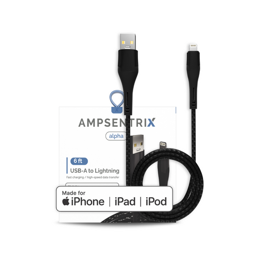 6 ft MFI Lightning To USB Type A Cable (AmpSentrix) (Alpha) (Black)