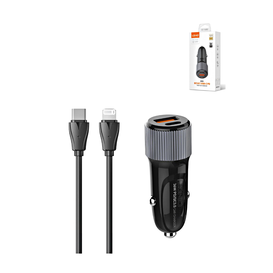 LDNIO C510Q PD QC3.0 Dual USB A+C Car Charger with USB C-L Non-MFI Cable (3ft) (36W)