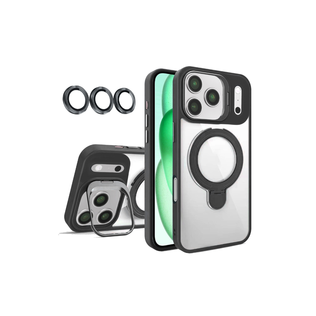 Magnetic Clear Case with 2 Kickstand & Camera Lens (Black) for iPhone 17 Pro Max / 18 Pro Max