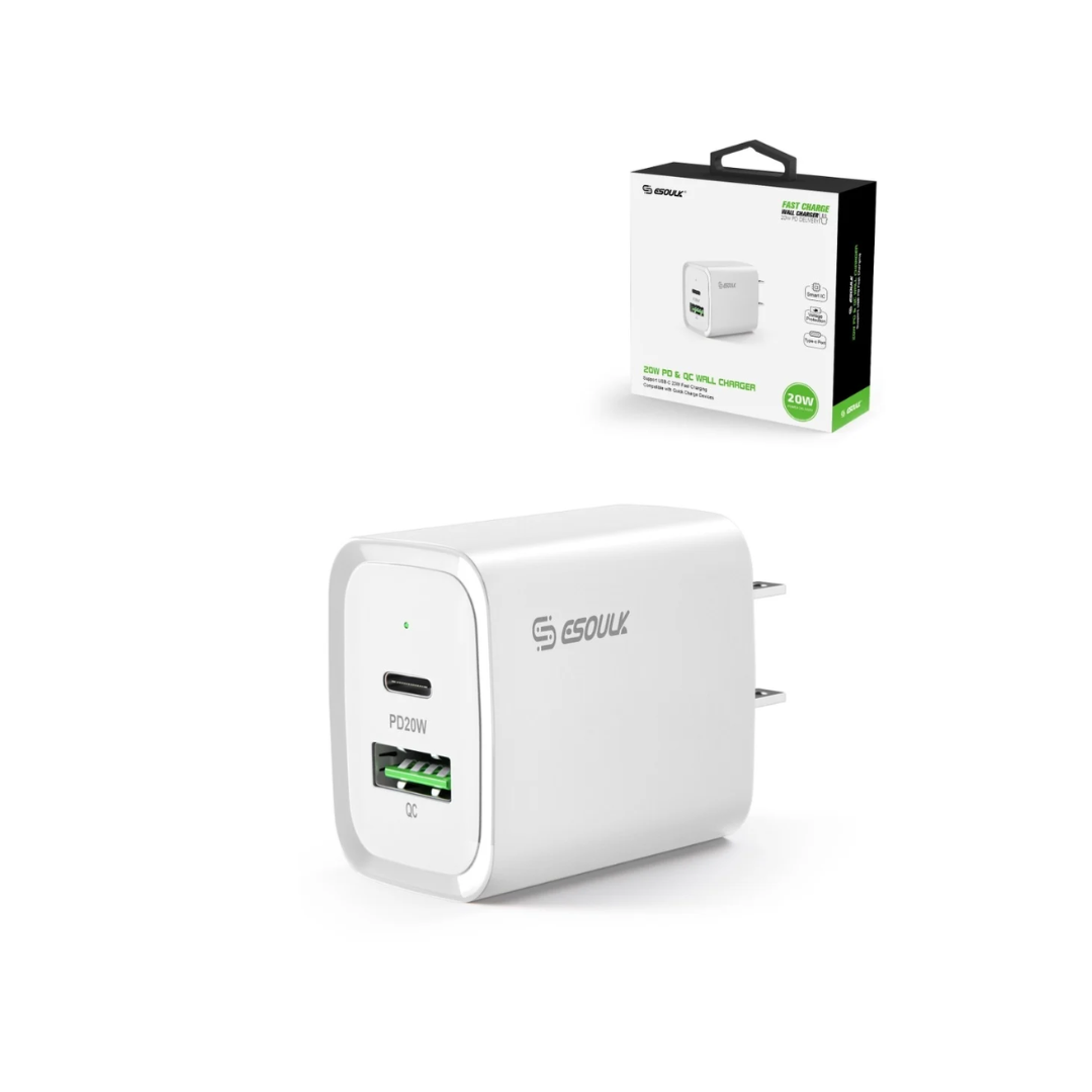 Adaptador de pared USB C+A PD/QC de Esoulk (20 W) (BLANCO)