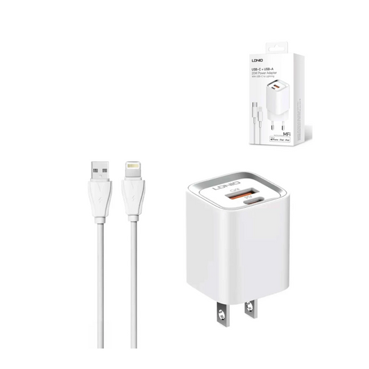 Cargador de pared LDNIO A2318M QC3.0+PD SB A+C Cable USB C-Lightning MFI (3 pies)