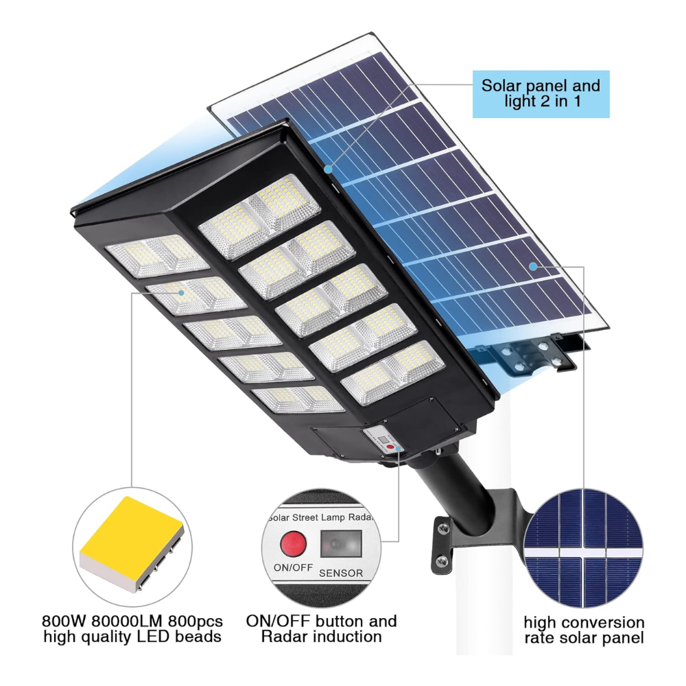 Farola Solar 800 Leds/500w/20.000 Lúmenes Con Mando A Distancia