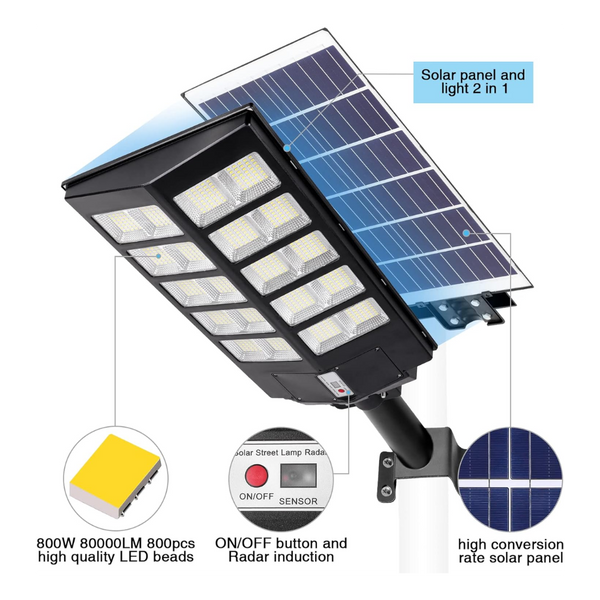 Farola Solar 800 Leds/500w/20.000 Lúmenes Con Mando A Distancia