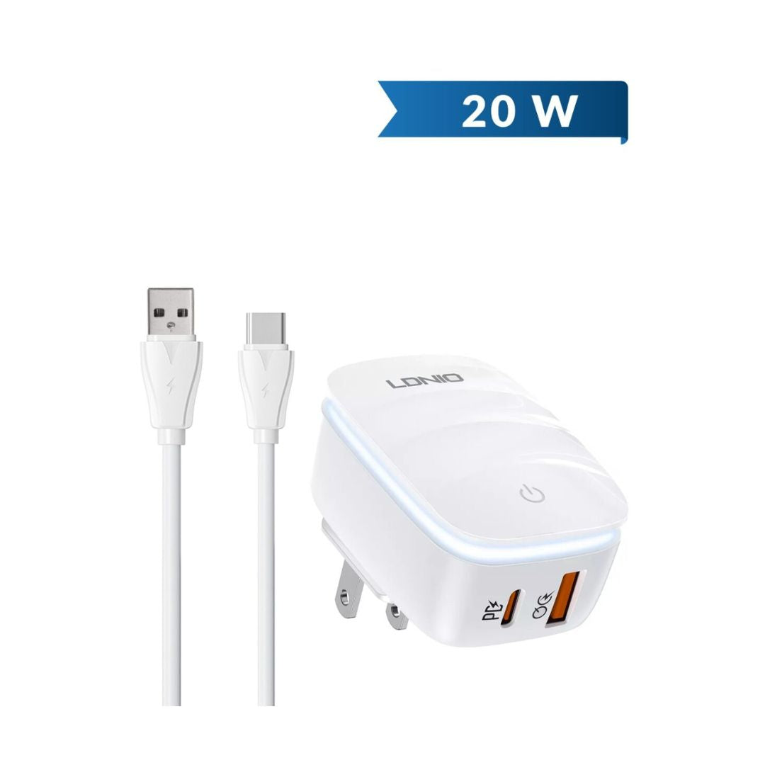 LDNIO A2425C QC3.0+PD Lamp USB A+C Wall Charger w/ USB A-C Cable (20W) (3ft)