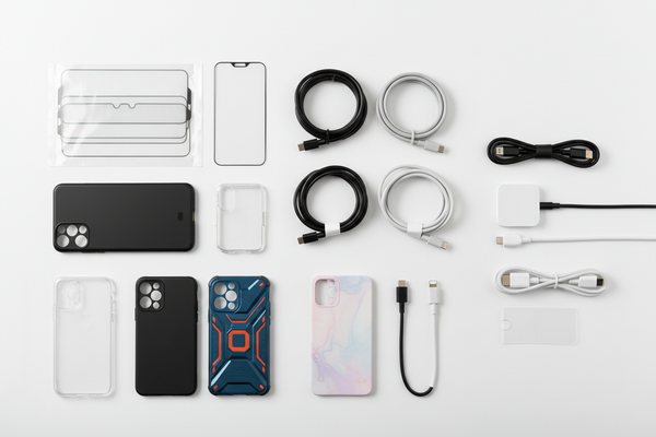 top view a lot of phone accessories including data cables, screen protector, phone case protector, no branding, just the accessories